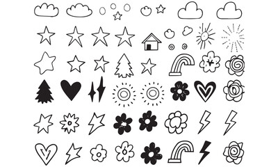 Cute Kids Doodle Clipart Dinosaur, Rocket, Sun, Heart, Cloud, Balloon, Tree, Flower, and Star Hand Drawn Illustrations