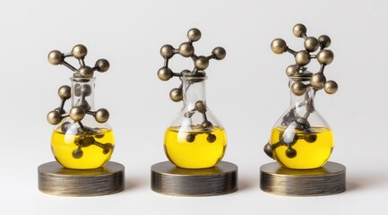 Three identical bronze-tone flasks containing yellow liquid, topped with intricate metal molecular models, sit on dark bases against a white backdrop