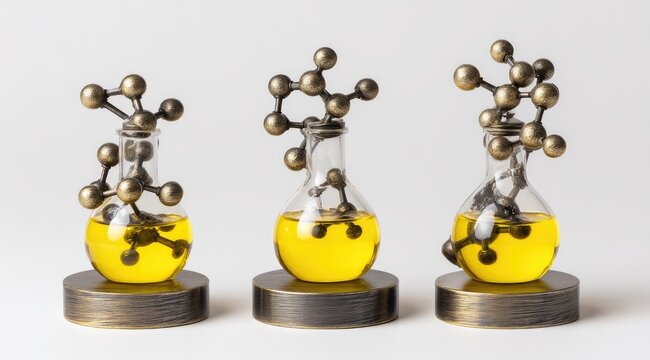 Three identical bronze-tone flasks containing yellow liquid, topped with intricate metal molecular models, sit on dark bases against a white backdrop