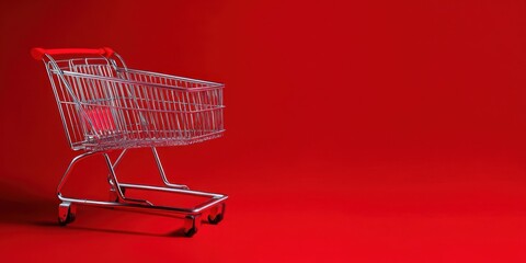 The shopping cart standing alone on a vibrant red background.