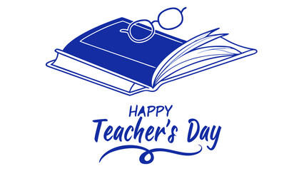 Happy Teacher s Day Blue Outline Book and Glasses on transparent background
