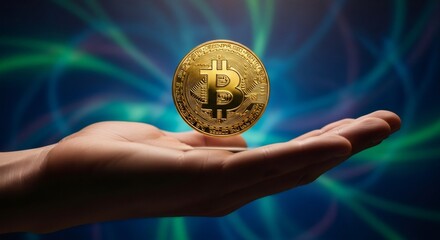 Bitcoin cryptocurrency hovering over an open human hand. Blockchain technology and digital currency investment concept. Financial innovation.