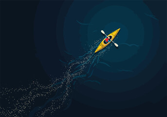 A solitary yellow kayak glides across the dark, calm water, leaving a sparkling, illuminated trail, symbolizing a journey of discovery and light.