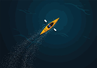 Aerial top-down view illustration of a person paddling a yellow kayak in deep blue water. A concept of solitude, travel, and adventure.