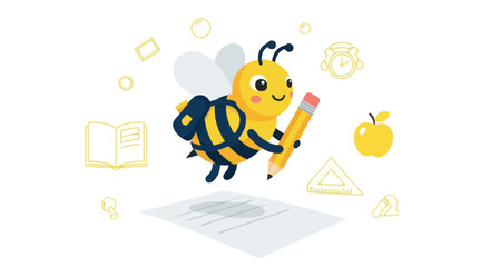 Naklejka premium Cartoon bee with backpack flying over paper holding a pencil ready to study well