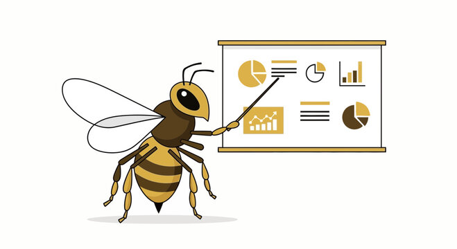 Cartoon bee presenting business data on a whiteboard during a meeting about honey production