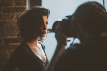 Skilled portrait photographer directing natural light session with female model in modern studio, adjusting professional camera settings, soft window lighting with reflector fill, shot with 85mm portr