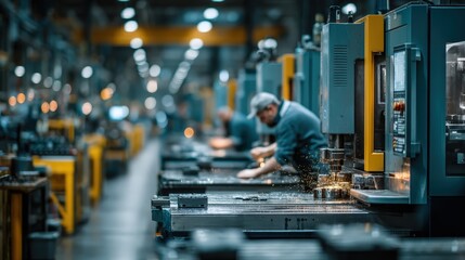 Skilled technicians assembling precision mining machinery in clean modern manufacturing facility, advanced industrial equipment and quality control processes, professional manufacturing lighting with 