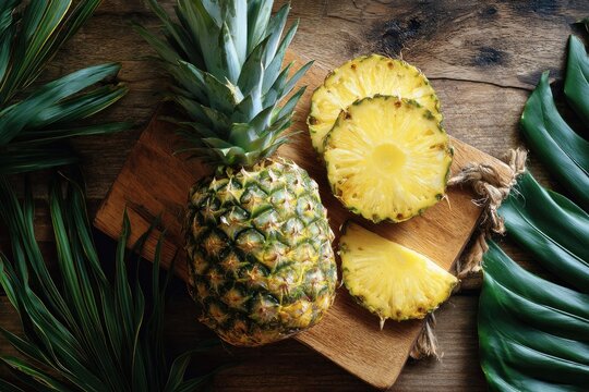 Whole pineapple and sliced pieces on a wooden cutting board, surrounded by tropical leaves on a dark wood background