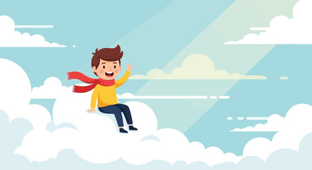 Cartoon boy sitting on a cloud waving his hand in a dreamy sky background cartoon illustration dreamy scene, perfect for kid