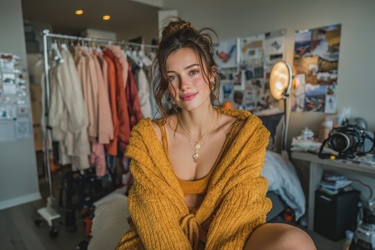 Stylish fashion blogger shooting outfit content in modern apartment with professional lighting setup and wardrobe styling station, trendy clothing displays and photography equipment visible, soft port