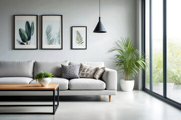 Elegant living room interior with modern sofa decorative plants and natural light creating a calming and stylish home environment