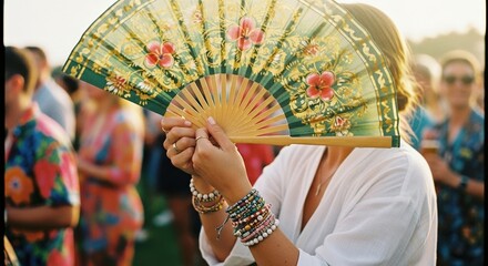 Woman Holding Decorative Floral Fan at Tropical Festival Celebration, Exotic Travel Lifestyle and Cultural Vacation Experience Imagery
