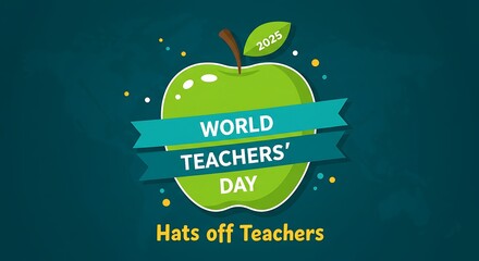 World teachers day celebration with green apple and ribbon