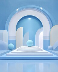 Serene blue and white arched structure with layered platform, showcasing a central sphere and ambient lighting, creating a minimalist, elegant aesthetic