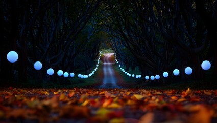 Dark tree tunnel path lined with glowing blue orbs and autumn leaves on ground trees night