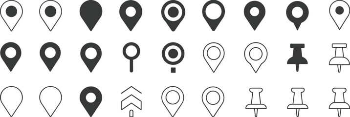 Collection of black and white location pin, map pin, and push pin icons, a flat vector illustration set for navigation and maps