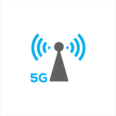 5g wireless network icon with signal tower and blue waves for technology and telecom