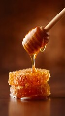 黄金色の蜂蜜がハニカムから滴り落ちる木製スティッククローズアップ 茶色背景