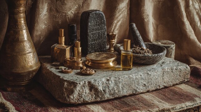 Ancient Egyptian Beauty Tools and Oils Displayed on Rustic Stone with Cultural Textures
