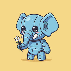Obraz premium A cute mecha elephant robot holding a delicate daisy flower, an adorable futuristic cartoon character.