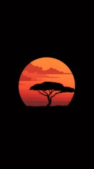 夕焼けのシルエットの木 ピクセルアートスタイルの背景にアフリカのサバンナの風景