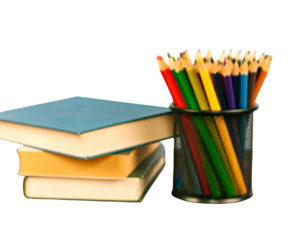 Firefly_Stack school books with colorful pencils on a des