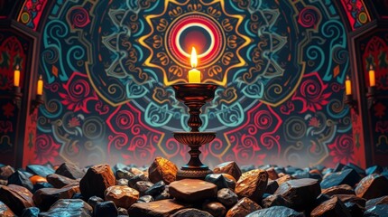 Sacred Space Meditation: A richly detailed mandala painting forms the backdrop for a solitary lit candle, evoking a sense of peaceful contemplation, harmony, and inner peace in a serene.