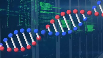DNA helix animation with server racks and code background, genetics research visualization, - Powered by Adobe