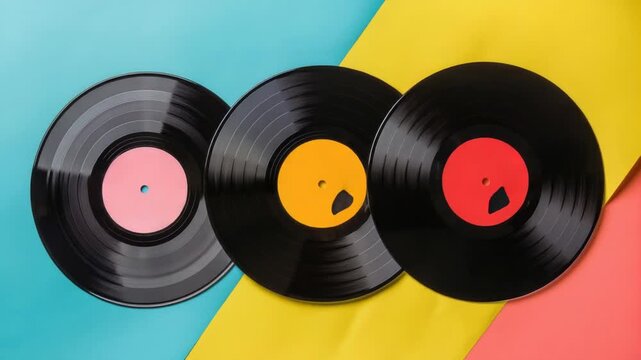 Three vintage vinyl records against a vibrant colored background