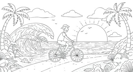 Man cycling on a beach path with a giant ocean wave, black and white coloring book page illustration for children and adults