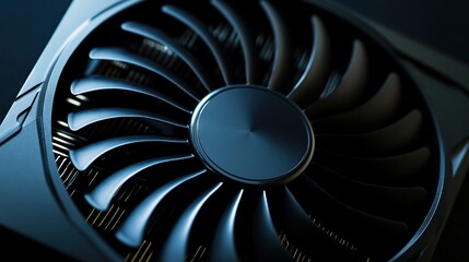 Close-up of a Dark Blue Graphics Card Cooler Fan