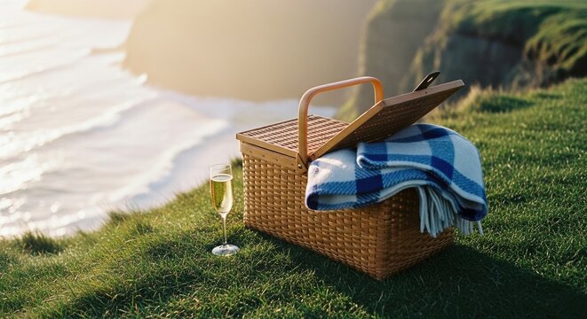 Coastal Picnic with Wicker Basket, Blue Checkered Blanket, and Champagne Overlooking Ocean Cliffs, Luxury Travel and Seaside Lifestyle