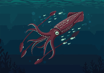 Giant Squid Amidst a School of Fish A Colorful Underwater Adventure of Sea Life and Marine Ecosystem.