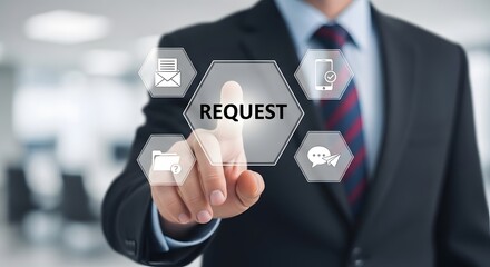 Confident businessman interacts with futuristic interface, pressing digital button labeled REQUEST, accessing communication and data icons for seamless workflow.