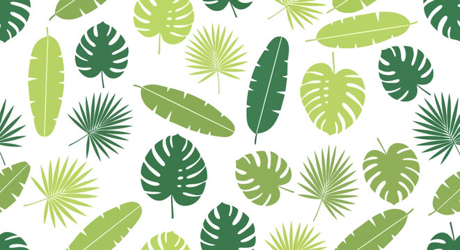 Seamless pattern of green tropical leaves. Exotic jungle foliage background with monstera, palm, and banana plant illustrations.
