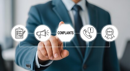 Professional businessman interacts with digital interface illustrating customer feedback process, highlighting complaints resolution and service excellence.