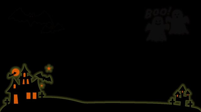Halloween Background with Haunted Houses, Bats, Ghosts, and Spooky Atmosphere