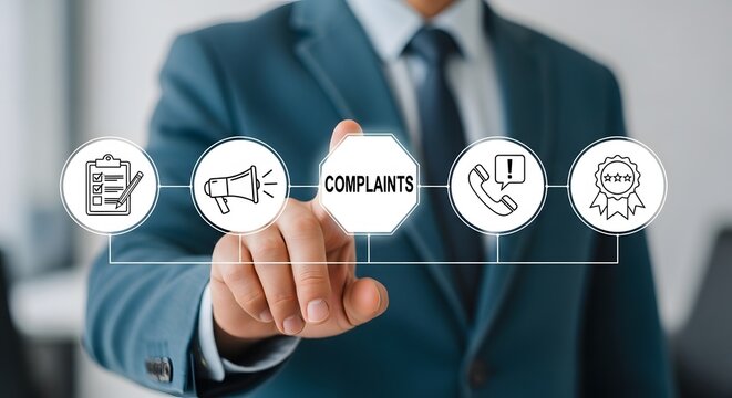 Professional businessman interacts with digital interface illustrating customer feedback process, highlighting complaints resolution and service excellence.