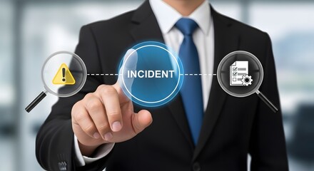 Professional analyzing incident response data with magnifying glass and checklist for risk management in modern office