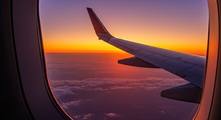 Vibrant Sunset Flight: Airplane Wing Over a Sea of Purple and Orange Clouds