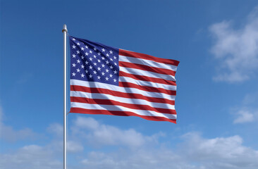 Fototapeta premium American flag waving in wind against blue sky with scattered clouds on bright sunny patriotic day