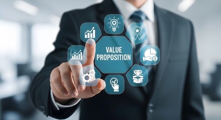 Businessman expertly navigates digital interface, highlighting key business strategies and value proposition for growth and success