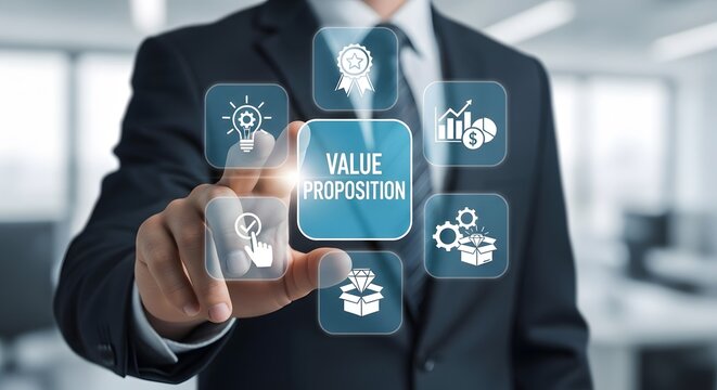 Confident businessman interacts with digital interface showcasing value proposition and business growth icons for strategic planning