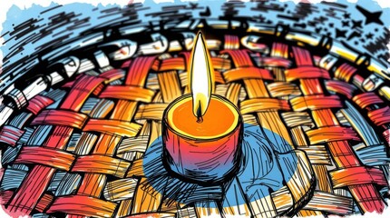 Guiding Light in the Woven World: A serene depiction of a flickering candle casting its warm glow upon an intricately woven surface, symbolizing hope, peace, and inner reflection.