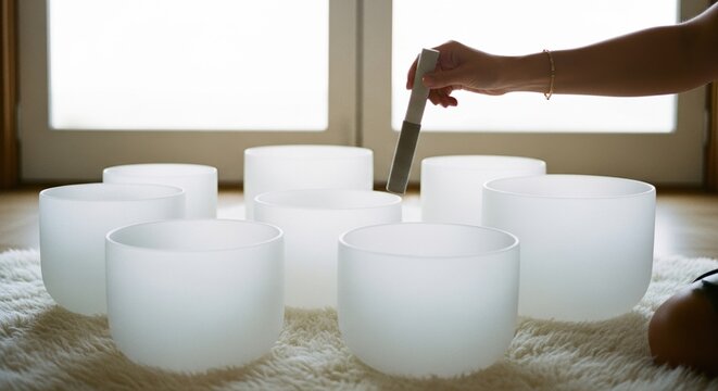 Serene Meditation Room with Crystal Singing Bowls for Mindful Resort Wellness Experiences
