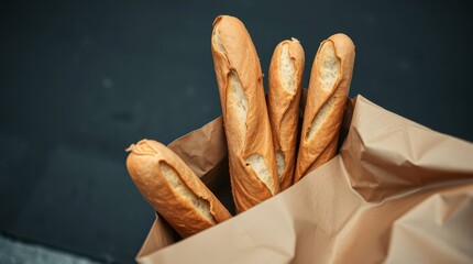 Freshly Baked Baguette: Four golden baguettes, fresh from the oven, peek out of a rustic paper bag, inviting you to experience their delightful aroma.
