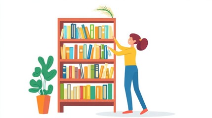 A happy character cleaning a high bookshelf with a duster. Positive and inviting graphic for residential cleaning companies.