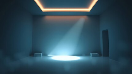 Obraz premium The Mysterious Light: A minimalist room bathed in ethereal blue light, a solitary beam illuminates the center, creating a sense of anticipation and mystery. 