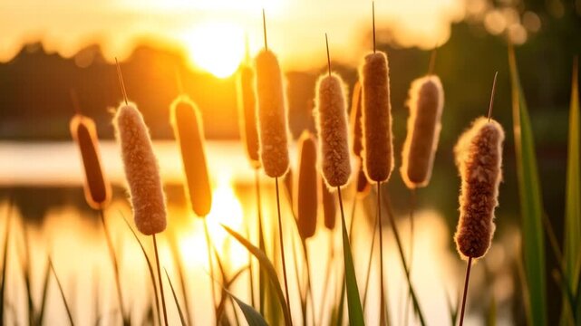 Golden sunset cattails by the water